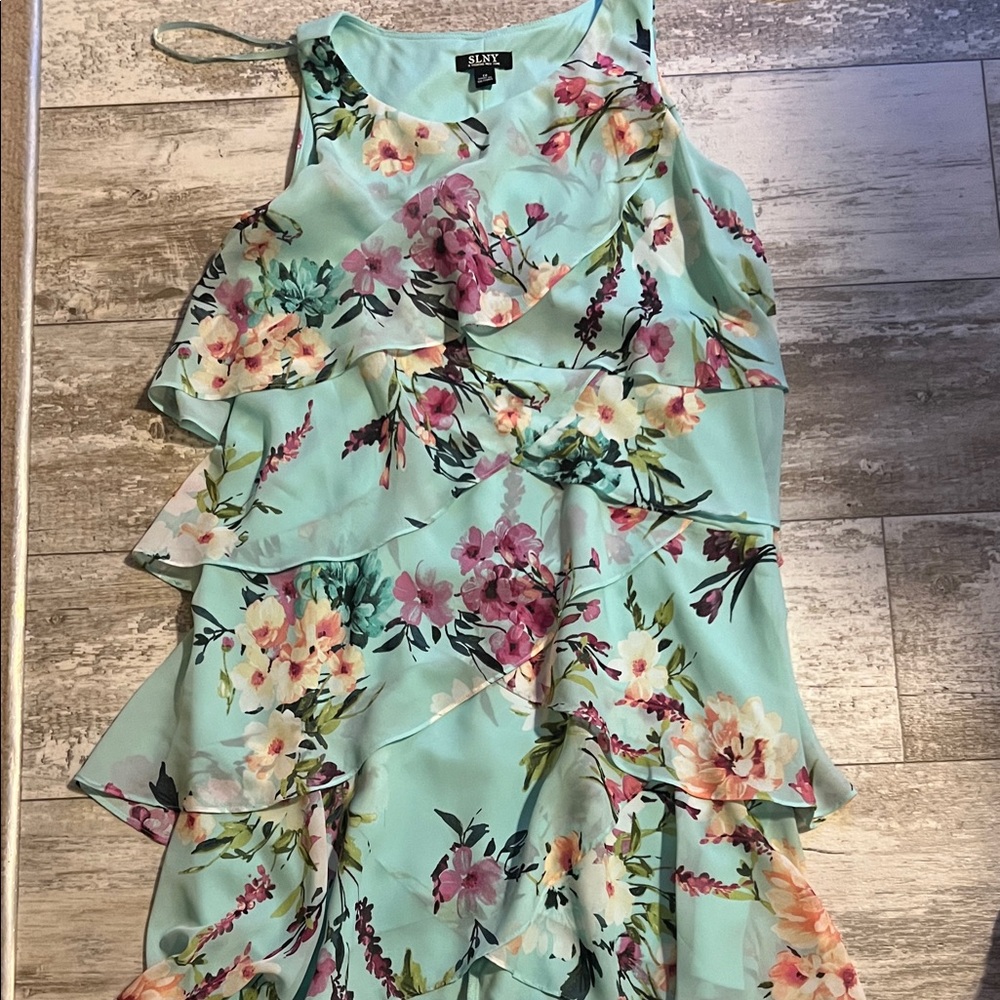 SLNY Floral Ruffle Midi Dress - Aqua and Pink